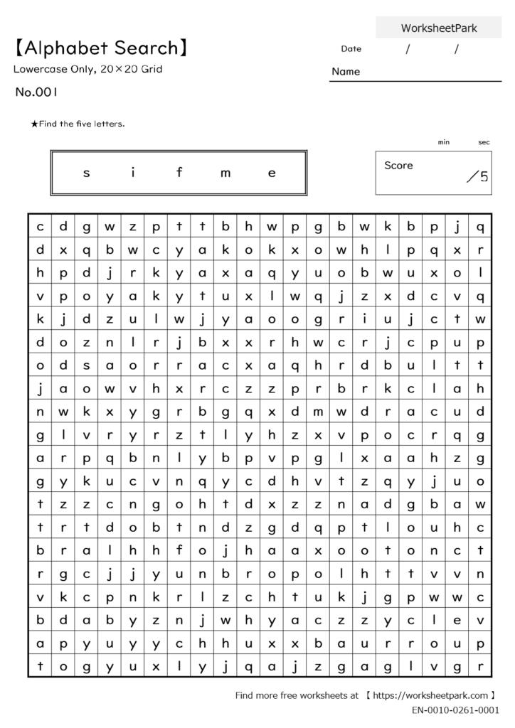 【Alphabet Search】Lowercase Only (20×20 Grid)
