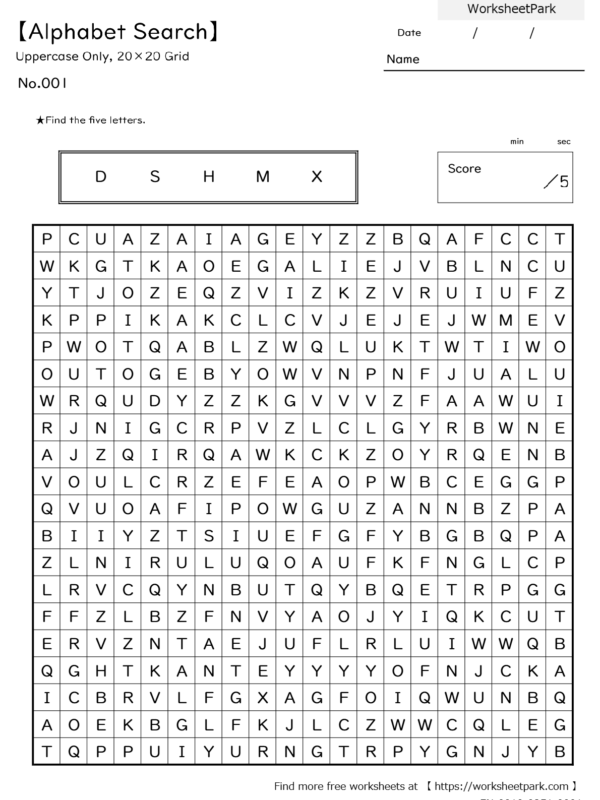 【Alphabet Search】Uppercase_Only (20×20 Grid)