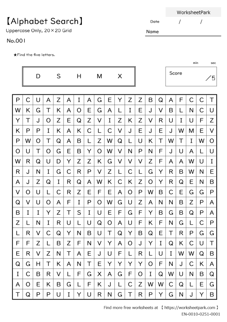 【Alphabet Search】Uppercase_Only (20×20 Grid)
