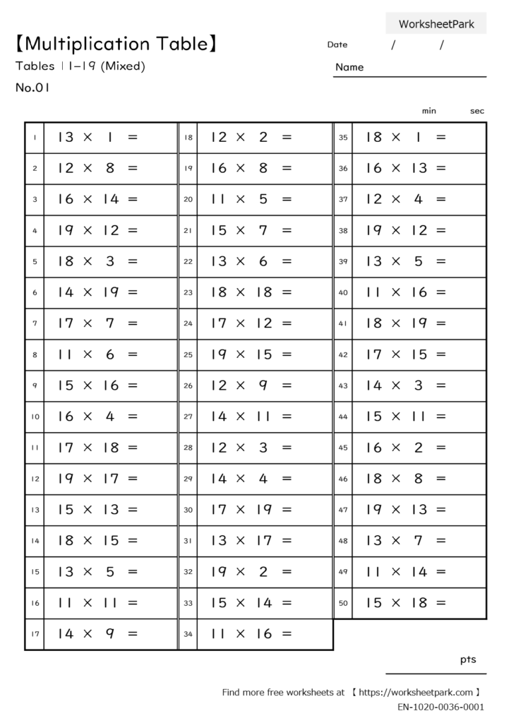 【Multiplication Table】Tables 11-9 (Mixed)