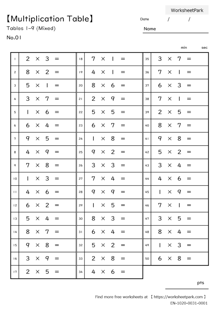【Multiplication Table】Tables 1–9 (Mixed)