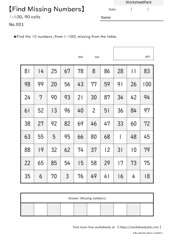 【Find Missing Numbers】1–100 , 90cells