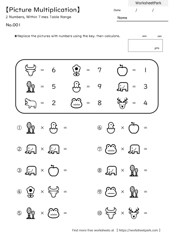【Picture Multiplication】2 Numbers, Within Times Table Range